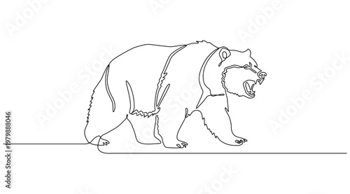 Continuous one line drawing Fierce grizzly bear, angry wildlife, one line drawing, minimalist vector illustration, animal icons