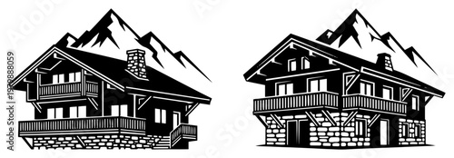 Mountain chalet cabin with snowy peaks in minimalist black and white style