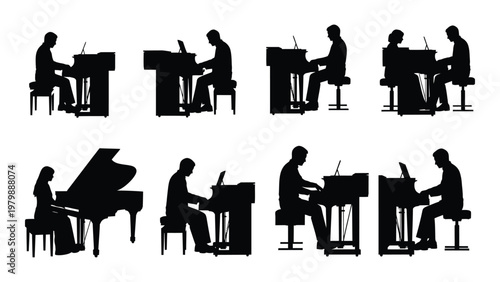 A collection of silhouetted musicians practicing or performing on various keyboard instruments including pianos and organs high quality professional detailed modern