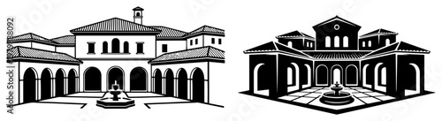 Villa courtyard with mediterranean arches and fountain in minimalist black and white style