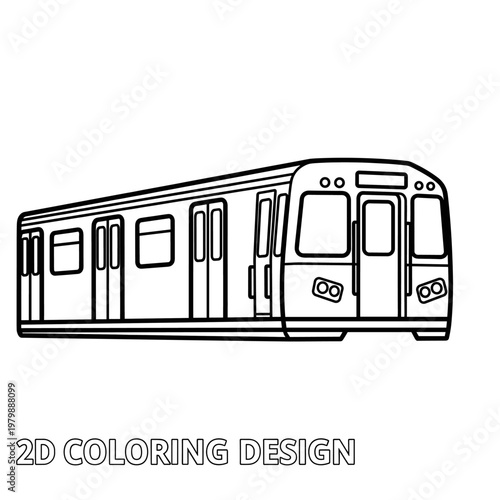 Detailed 2D coloring design featuring a modern urban metro train, presented in a clear line art style.
