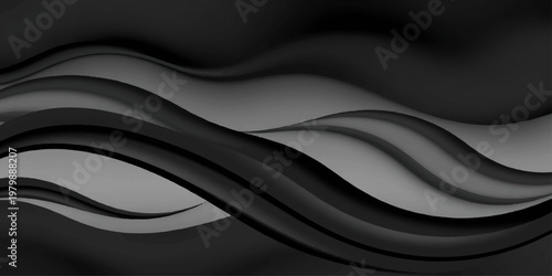 Abstract black and white background with smooth flowing silk waves and a soft satin texture design featuring dark curved lines and a blue light pattern