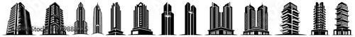 City skyline building icons and skyscraper silhouettes in minimalist vector set style