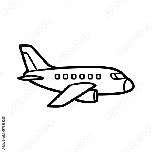 Simple black and white line art drawing of a passenger airplane flying, viewed from the side, ready for travel.