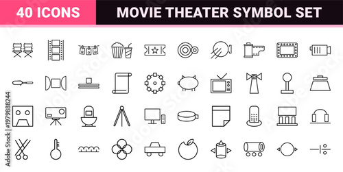 Minimalist cinema and filmmaking line icon set