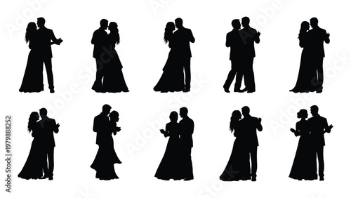 A collection of silhouettes depicts couples embracing and dancing showcasing various formal poses and elegant attire high quality professional detailed modern