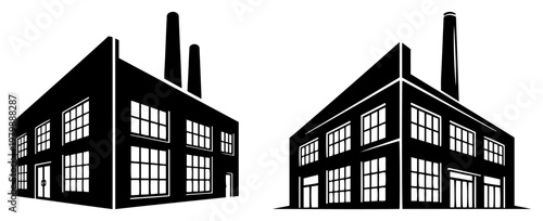 Industrial factory buildings with chimneys and large windows in black and white graphic style