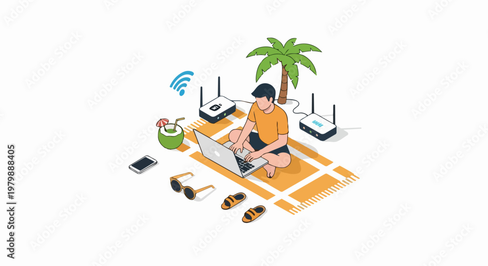 Fototapeta premium Digital Nomad Working Remotely on Beach with Laptop and Wi-Fi Router, Isometric Vector Illustration of Remote Work and Travel Lifestyle Concept