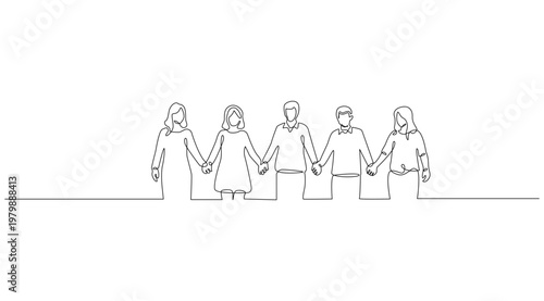 Continuous line drawing, diverse people holding hands, teamwork and unity concept, simple minimalist illustration, black and white