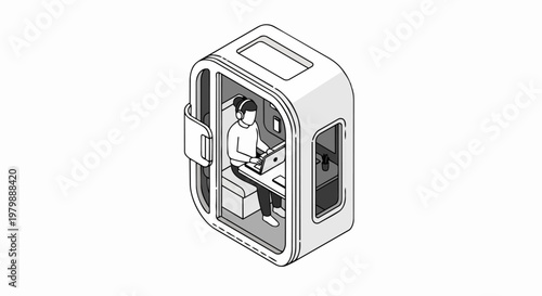 Isometric Illustration of a Person Working in a Soundproof Office Pod, Minimalist Line Art of a Modern Workspace for Private Concentration and Remote Work