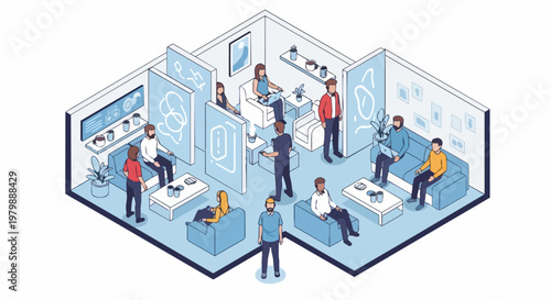 Isometric Modern Office Coworking Space with People Working and Collaborating in a Contemporary Workspace Interior