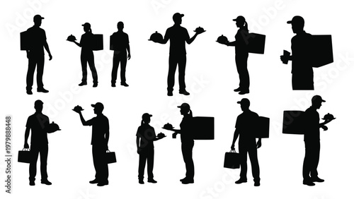 A collection of black silhouette figures depicting delivery personnel carrying packages boxes and food trays high quality professional detailed modern elegant
