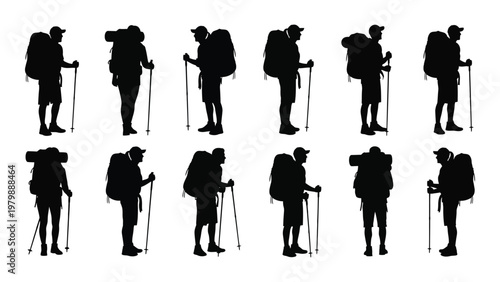 A collection of silhouetted hikers each equipped with backpacks and trekking poles walking along a path high quality professional detailed modern