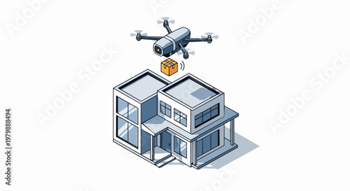 Isometric Illustration of an Autonomous Delivery Drone Carrying a Package to a Modern Residential House