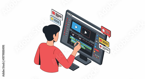 Female Video Editor Working on Digital Post-Production Interface, Isometric Illustration of Professional Content Creator Editing Video Clips on a Computer Screen