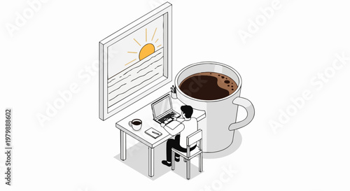 Isometric Illustration of a Remote Worker with a Giant Coffee Cup and Sunrise Window View, Minimalist Productivity Concept
