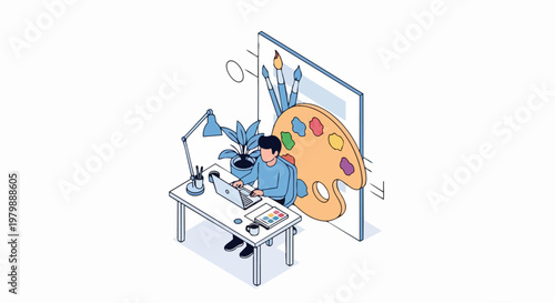 Isometric Graphic Designer Working on Laptop with Creative Art Palette and Brushes Illustration