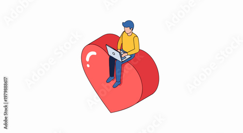 Isometric Illustration of a Man Sitting on a Red Heart Using a Laptop, Concept for Online Dating, Virtual Romance, and Digital Connection