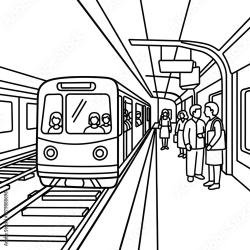 Line art illustration of a subway train arriving at a station platform with passengers waiting for public transport.
