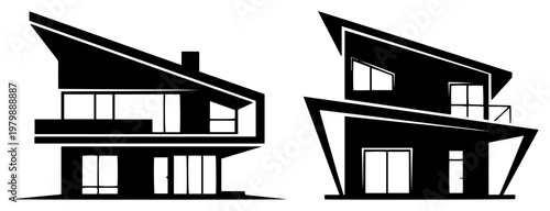 Картината върху платно Modern residential house elevations with sharp slanted roofs in minimalist black