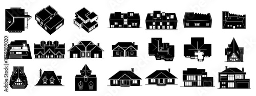 Architectural icon set featuring floor plans elevations and isometric house designs in black and white style