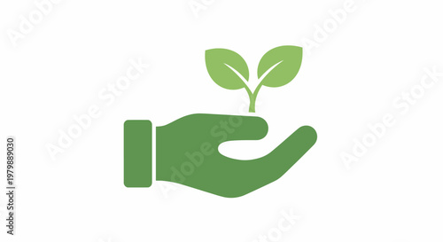 Green hand holding small plant sprout.