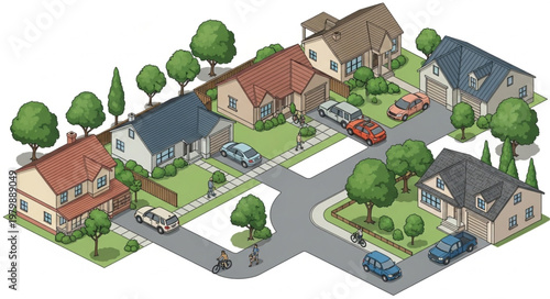Suburban Neighborhood Street View with Houses and Cars.