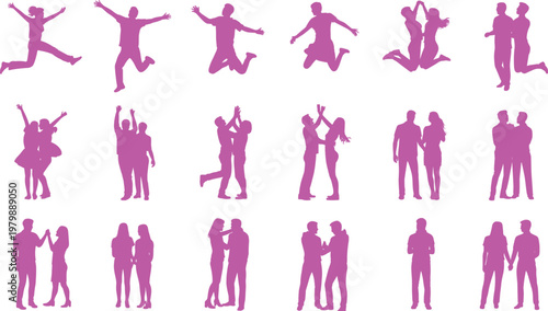 Pink couple silhouettes joyful poses holding hands flat vector illustration design