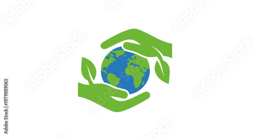 Green hands holding the Earth globe.
