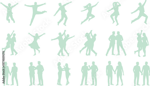 Mint green silhouettes people dancing jumping embracing flat vector illustration design