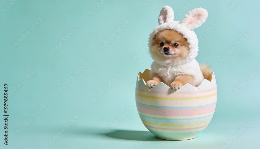 Fototapeta premium Cute puppy in bunny costume, sitting in an egg.