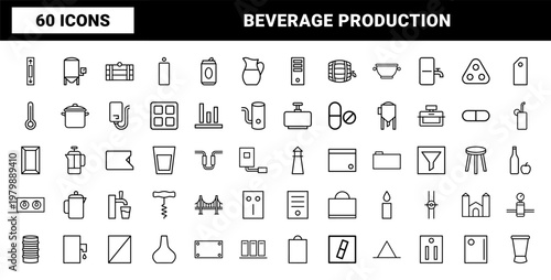 Beverage production and brewery equipment line icons set