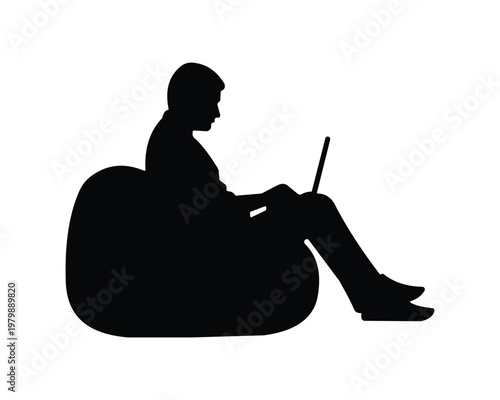 Black silhouette of a young person sitting comfortably in a bean bag chair using a laptop computer Vector