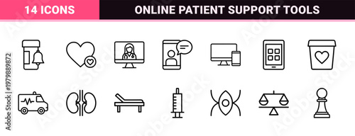 Digital healthcare and telemedicine line icons