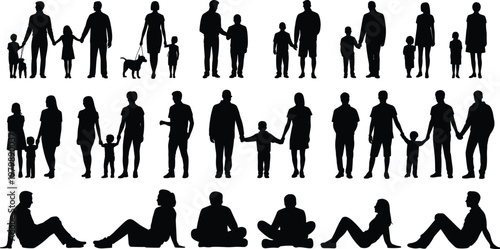 Flat vector family silhouettes with children dogs sitting standing walking relaxing