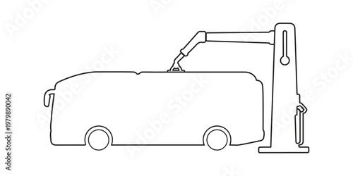 A simple black and white line drawing illustration of an electric bus charging at a station port Vector