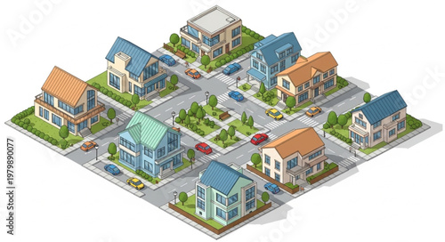Suburban Neighborhood Street View with Houses and Cars.