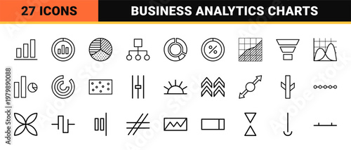 Minimalist business data visualization and infographic chart icon set.