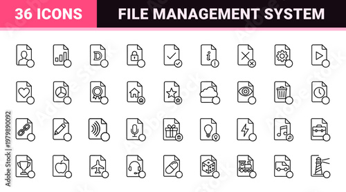 Digital document management and file storage line icon set