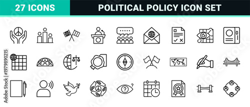Minimalist diplomacy and international relations line icon set for global government
