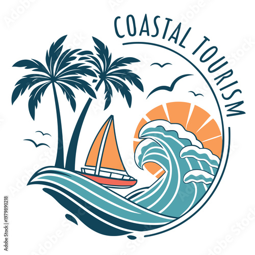 Vibrant cruise vacation logo with sunset and ocean elements. Ideal for tourism campaigns, travel agencies, and holiday branding.