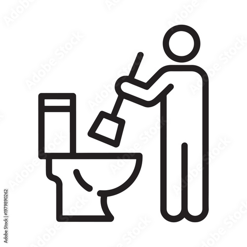 A simple line drawing depicts a person unclogging a toilet with a plunger