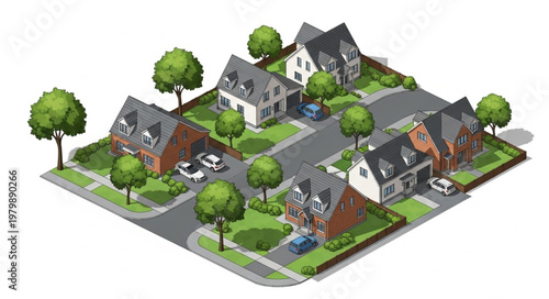 Suburban Neighborhood Street View with Houses and Trees.