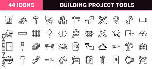 Construction and renovation minimalist line icons.
