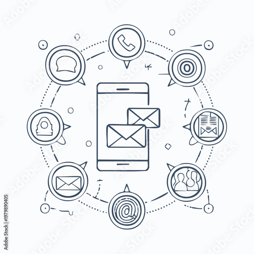 Smartphone communication network with various icons around it.