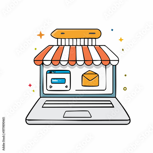 Online store concept represented by a laptop with a storefront awning.