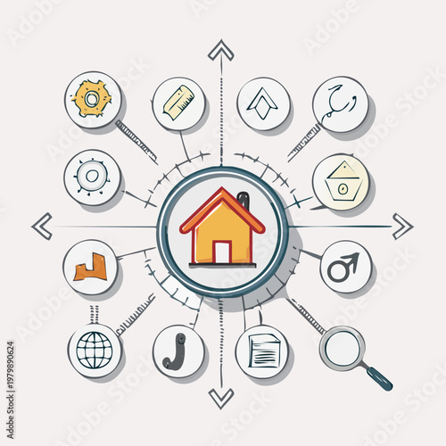 Home business network diagram with icons and connections.