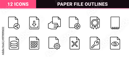 Office document and file management line icon set