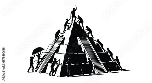 Team members climb a large pyramid structure to reach the peak of success.