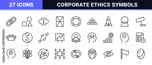 Professional business core values and corporate ethics outline icon set.